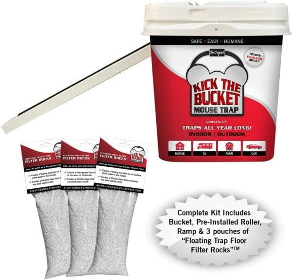 Kick the Bucket Mouse Trap Complete Kit. Bucket, ramp and 3 bags of "Floating Trap Floor Filter Rocks TM
